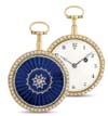 Chevalier & Cie, Geneva, No. 7461 made for John Godwin, 161 Strand, (London), circa 1790. Very fine 18K gold and enamel pearl- and diamond-set quarter-repeating watch. two-body, back in translucent imperial blue enamel over sunburst engine-turning, center with diamond-set rosette, pearl-set bezels. D. White enamel, Arabic numerals, outer minute dot divisions, winding aperture at 2, Blued steel Breguet hands. M. 39 mm (18), frosted gilt full-plate with cylindrical pillars, fusee and chain, verge escapement brass balance with flat balance spring, continental cock pierced and engraved with the letters CHEVALIER, repeating on bell (replaced) by depressing the pendant.Signed on the movement by the retailer, on the cock by the maker.Diam. 50 mm.